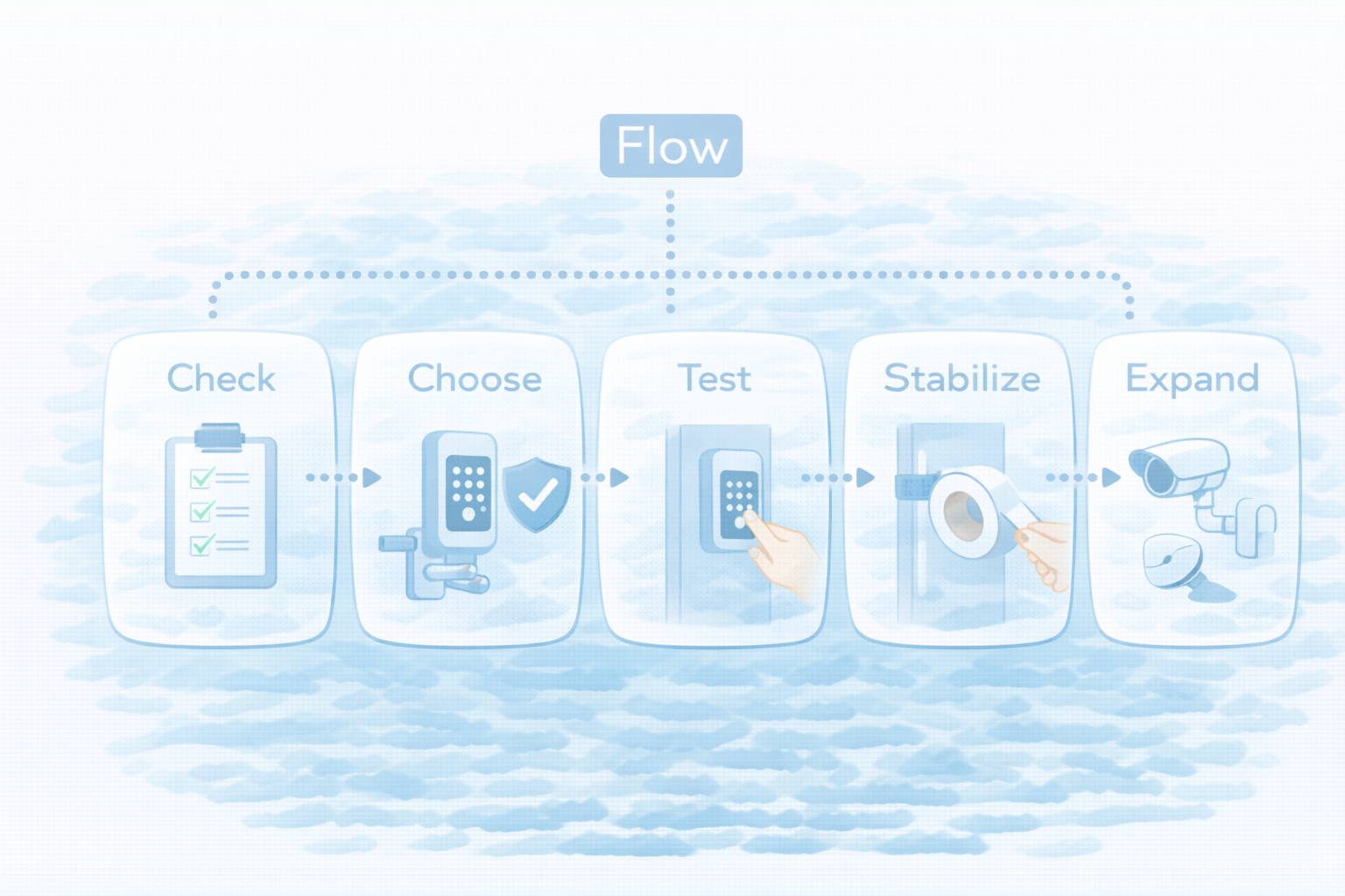 賃貸向けスマートロック導入ルート（最小→拡張）（図解）